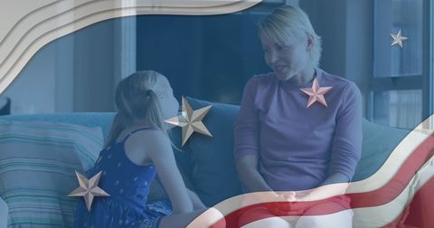 Mother and Daughter Bonding with American Flag Overlay
