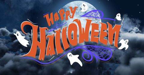 Colorful Happy Halloween Text with Ghosts and Full Moon - Download Free Stock Images Pikwizard.com