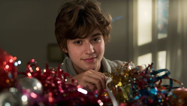 Smiling teen boy arranging multicolored tinsel and ornaments for festive holiday crafts