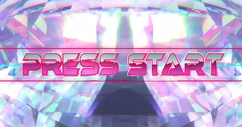 Retro futuristic design with press start text and glowing crystal