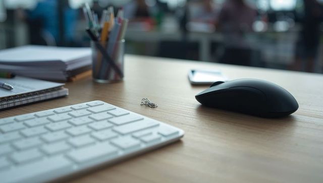 Minimal ergonomic black mouse on wooden desk with white keyboard, notebook, smartphone