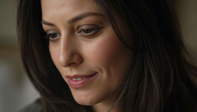 Soft-lit beauty headshot smiling woman tilting gaze downward with natural makeup dark hair