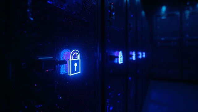 Secure data center with glowing blue padlock icon