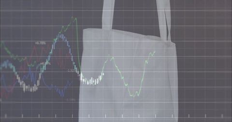 Canvas tote bag displaying financial charts overlay for retail analytics and sustainability