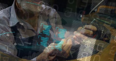 Senior using stylus tablet with holographic data interface for ar dashboard visualization