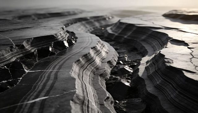 Stratified coastal rock terraces revealing banded sedimentary layers and fissures