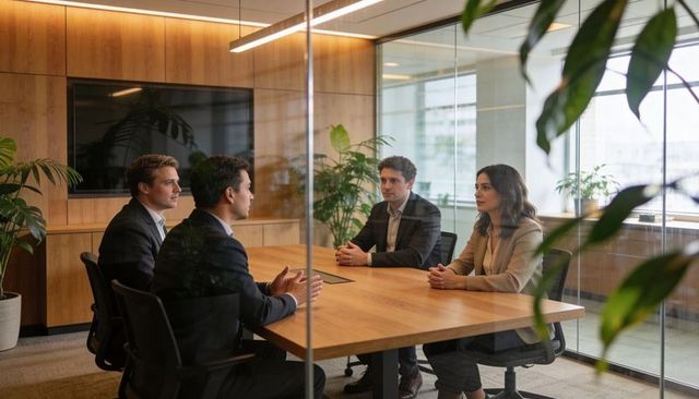 Executive team discussing strategy in glass-walled conference room with modern wood interior