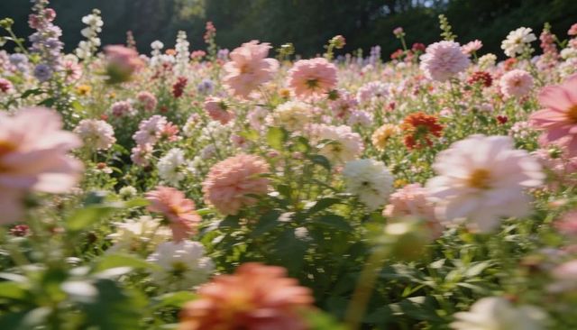 Sunlit pastel dahlia meadow glowing with backlit peach-pink blossoms and soft bokeh