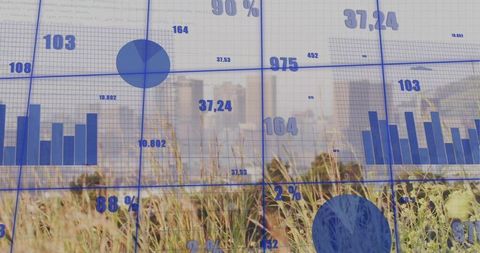Business dashboard overlaying meadow skyline on multipane glass with charts, percentages