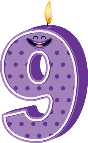 Purple number nine birthday candle with dots on transparent background