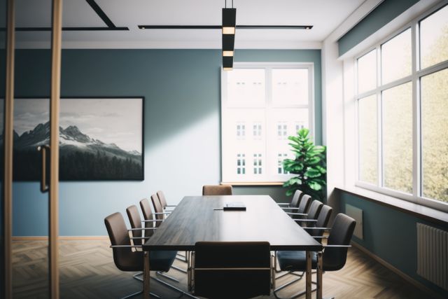 Interior of meeting room with windows, table and chairs, created using generative ai technology. Business and meeting room concept digitally generated image.