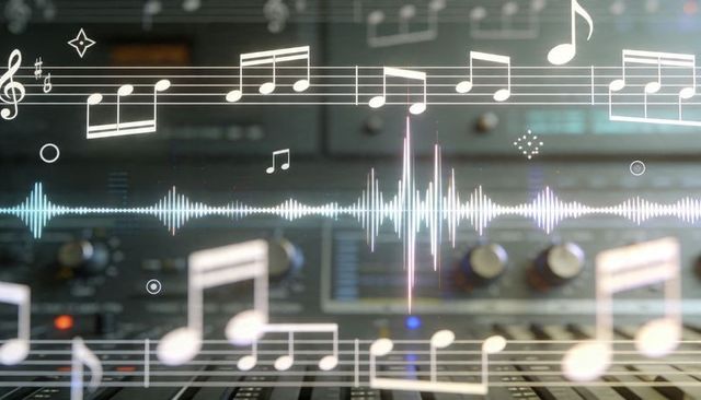 Glowing audio waveform overlaying mixer console with floating music notes and led spectrum