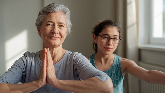 Senior woman practicing yoga with fitness instructor in home studio