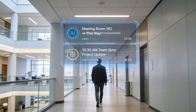 Business professional walking through modern atrium following ar wayfinding hud to meeting