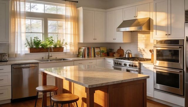 Sunlit modern farmhouse kitchen island bathing in warm morning light