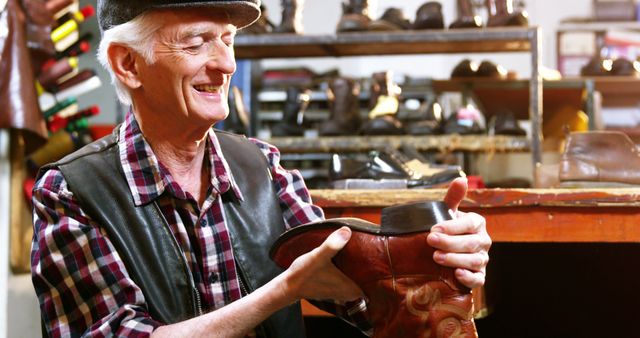 Elderly cobbler smiling while repairing a leather boot in his workshop. Shelves of tools and shoes in the background highlight his profession. Useful for content on traditional crafts, skilled labor, and artisan work. Perfect for websites or articles focusing on craftsmanship, small businesses, and handmade goods.