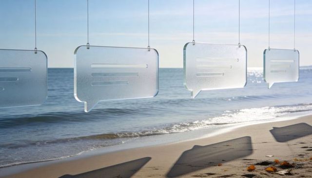 Frosted glass speech bubbles hanging over sunlit beach shoreline casting long shadows