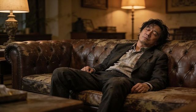 Exhausted businessman dozing on worn leather chesterfield sofa in warm vintage living room