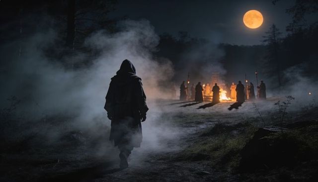 Hooded figure walking toward torchlit ritual bonfire under full moon in foggy woods