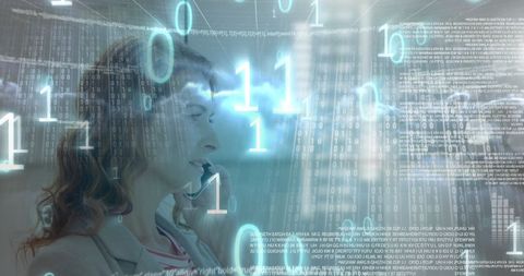 Businesswoman communicating amidst digital cloud data