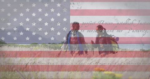 Couple Hiking with Patriotic American Symbolism Background