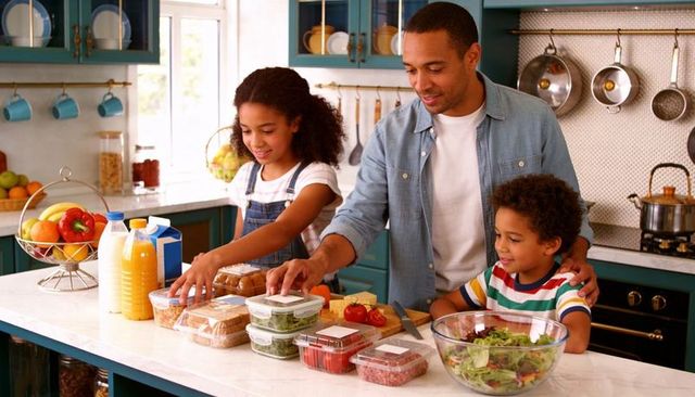 Family preparing weekly meal prep on kitchen island with clear containers and fresh salad