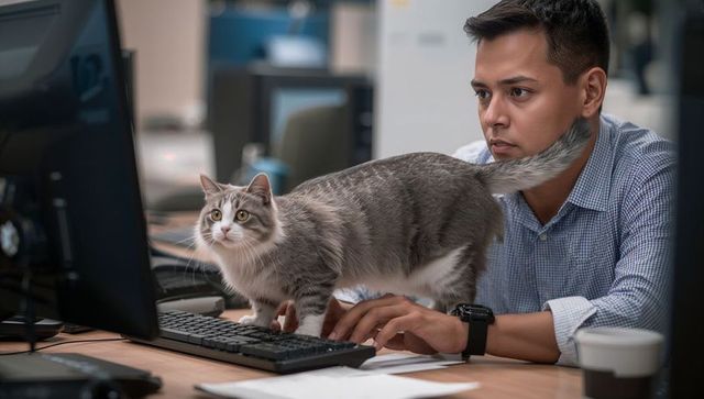 Gray tabby walking across keyboard disrupting office workflow while employee concentrating