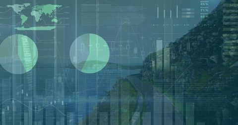 Digital financial insights overlaid on coastal highway