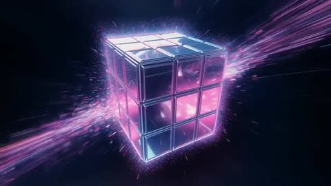 Cosmic Neon Cube with Dynamic Stream Background in Futuristic Space