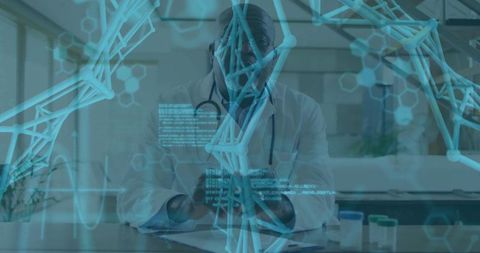 Healthcare professional engaging with digital dna technology in modern lab