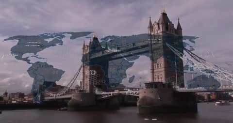 Tower Bridge with Digital Data World Map Illustrating Global Connectivity