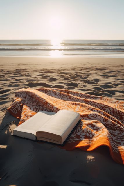Orange towel with pattern and book on beach, created using generative ai technology. Seaside landscape, vacation, leisure, summer and nature concept digitally generated image.