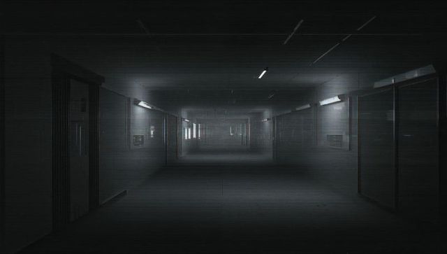 Empty Industrial Basement Corridor Lit by Fluorescent Lights, Desaturated Deep Vanishing Point