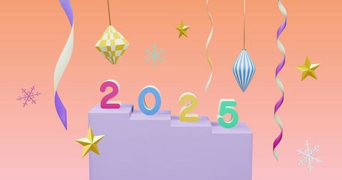Colorful 2025 Celebration with Festive Ornaments and Vibrant Background