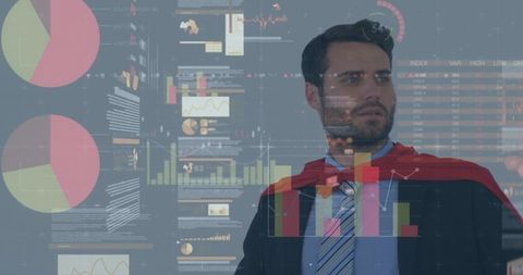 Businessman Superhero Analyzing Digital Data Visualization