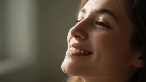 Close-up footage of young woman smiling and blinking in soft window light