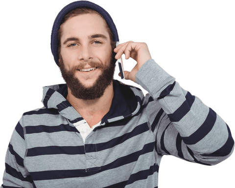 Happy Hipster Wearing Beanie Shirt Holding Smartphone Transparent Background