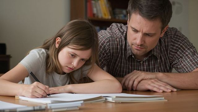 Father guiding daughter through homework at home desk, focused studying, cozy family moment