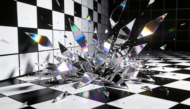 Crystal shards exploding across checkered floor with rainbow prism reflections