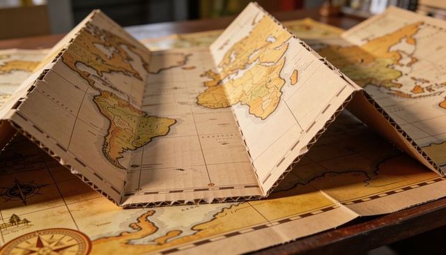 Folding vintage world map on corrugated cardboard featuring compass rose and aged texture