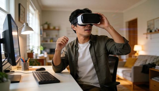 Young man exploring virtual reality at home workspace with vr headset and desktop setup