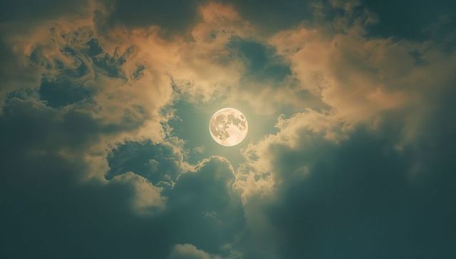 Luminous Full Moon Shining Through Cloudy Night Sky