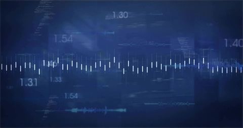 Neon Audio Waveform Visualizer on Dark Navy Tech Background with Floating Numeric Data