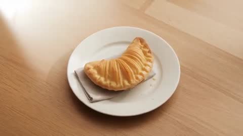 Camera pushing in framing crescent turnover on white plate with napkin and crumbs