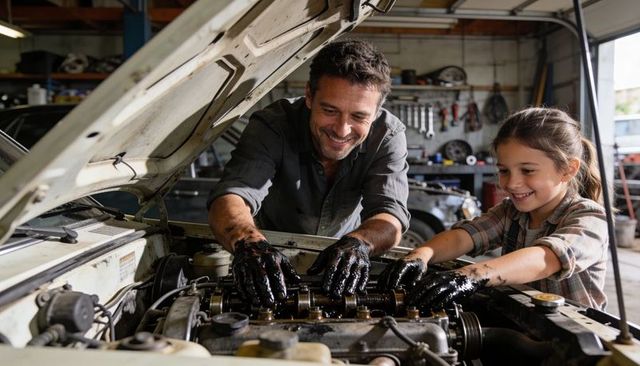 Father teaching daughter car engine repair in sunlit garage, hands-on mechanic moment