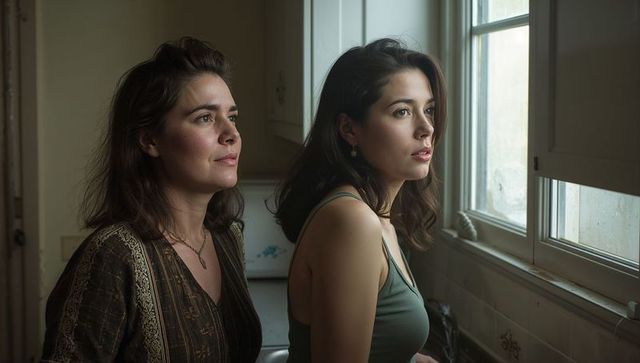 Mother daughter gazing through sunlit kitchen window sharing quiet intimate morning