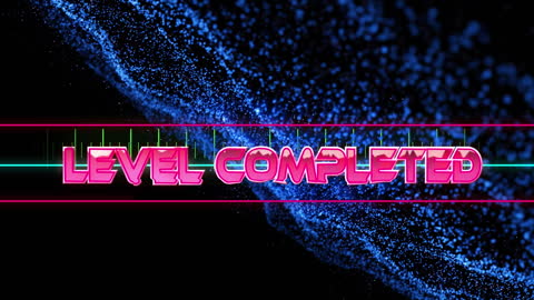 Neon Level Completed Graphic With Digital Interface Fluid Background