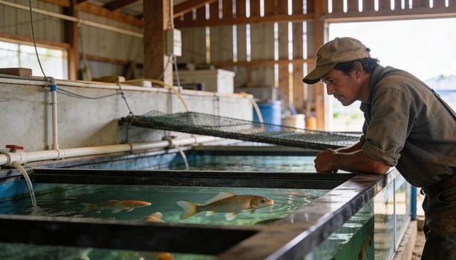 Leaning fish farmer inspecting koi in indoor aquaculture tanks in wooden barn