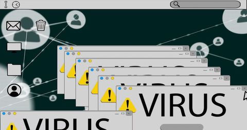 Digital virus alert overloading computer screens concept