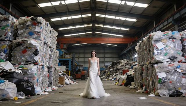 Bridal couture walking through recycling plant with towering plastic bales